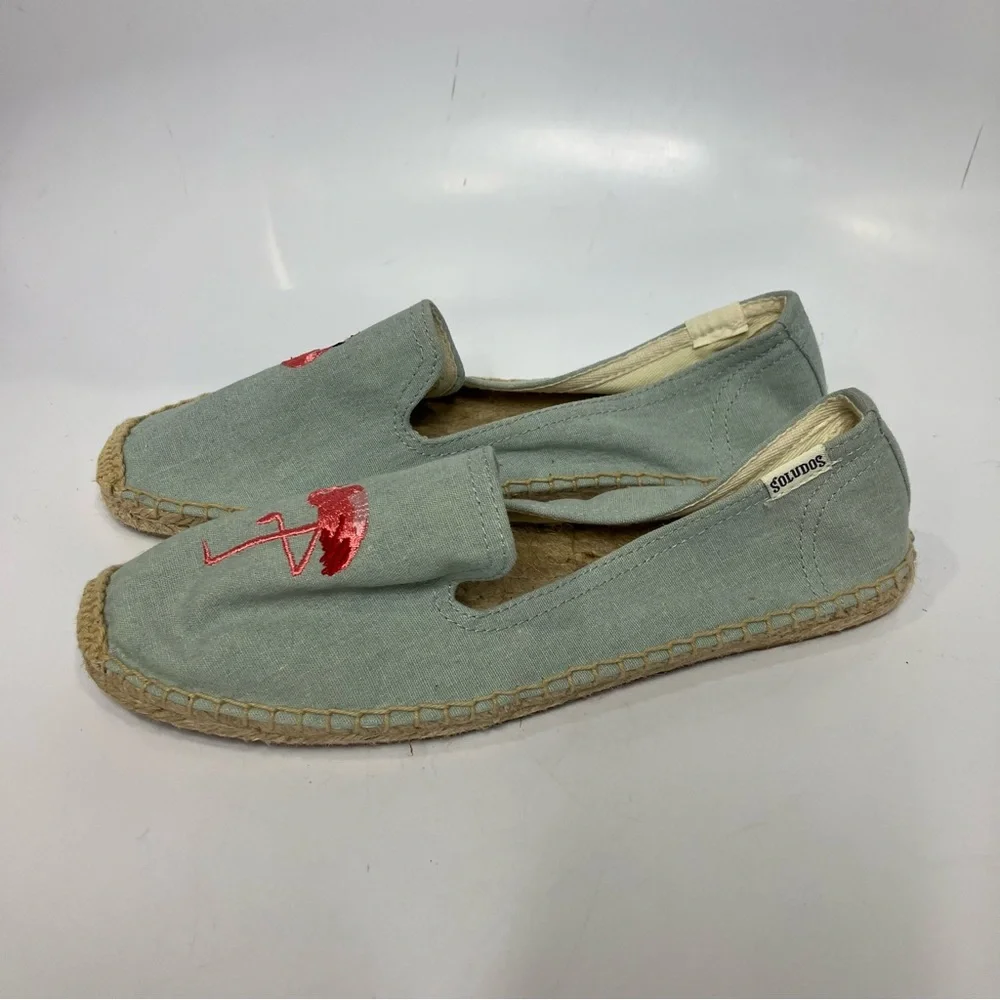 Anthropologie Soludos picnic espadrilles flamingo embroidery blue pink‎ size 7
